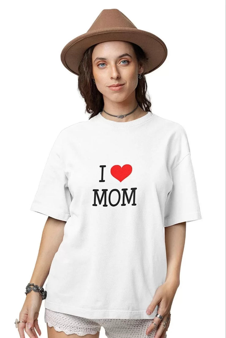 Gucso Kadın Bisiklet Yaka  Kalpli I Mom Baskılı Oversize T-Shirt - Beyaz