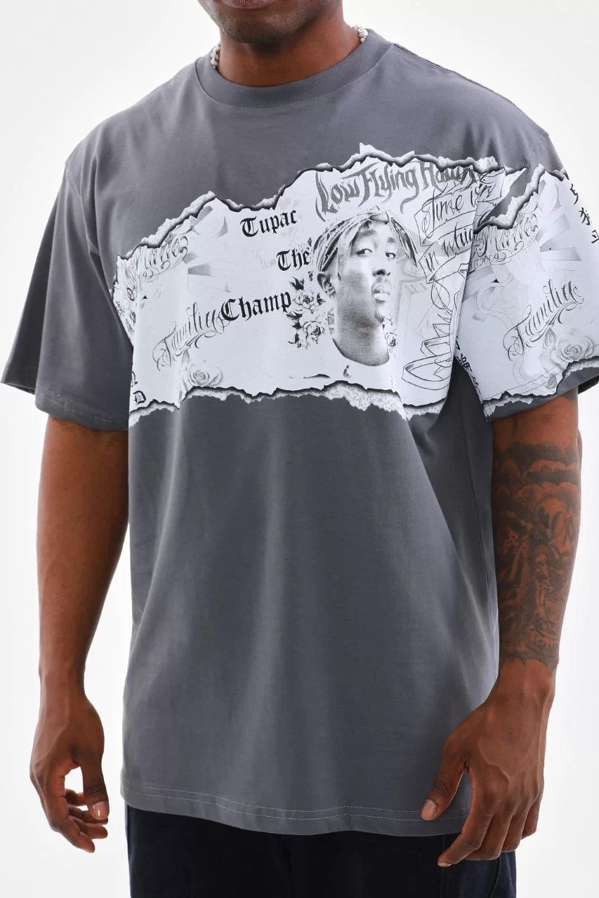 Gucso Men's Crew Neck Tupac Shakur Piece Print Oversize T-Shirt - Gray 