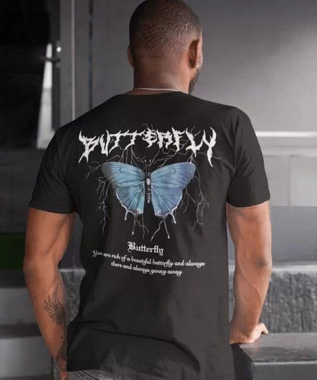 Gucso Erkek Bisiklet Yaka Sırt Butterfly Baskılı Oversize T-Shirt - Siyah