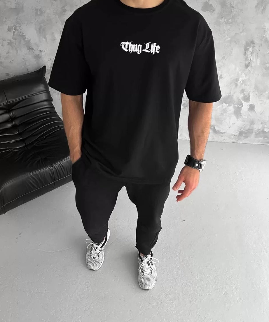 Gucso Erkek Bisiklet Yaka Thug Life Göğüs Baskılı With Out Angels Wings Sırt Baskılı Oversize T-Shirt - Siyah