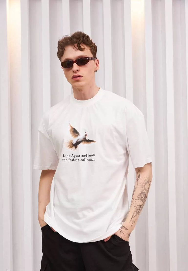 Gucso Erkek Bisiklet Yaka Birds Collections Baskılı Oversize T-Shirt - Siyah