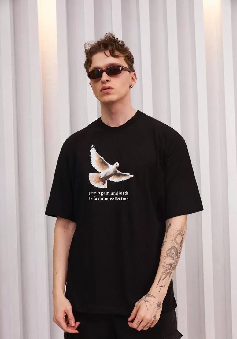 Gucso Erkek Bisiklet Yaka Birds Collections Baskılı Oversize T-Shirt - Siyah