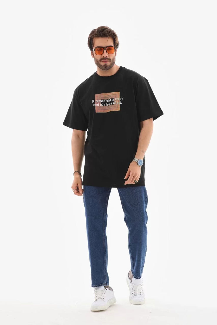 Gucso Erkek Bisiklet Yaka Be Original Baskılı Oversize T-Shirt - Siyah