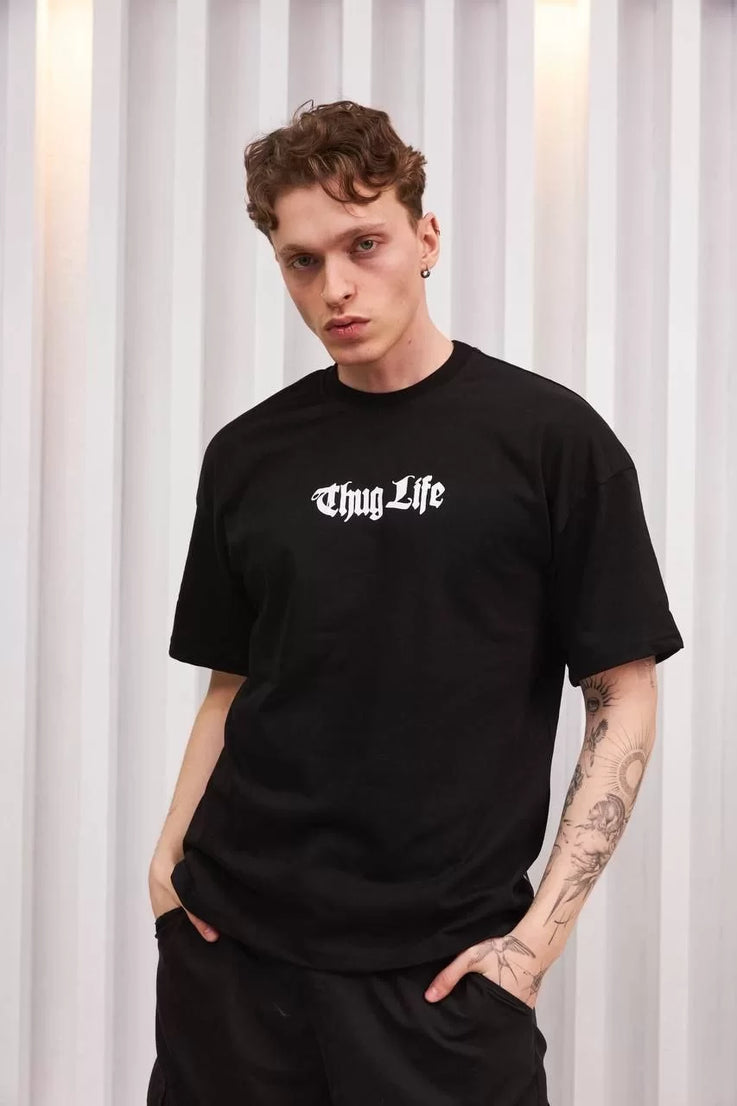 Gucso Erkek Bisiklet Yaka  Beyaz Renk Thug Life Yazı Baskılı Oversize T-Shirt - Siyah