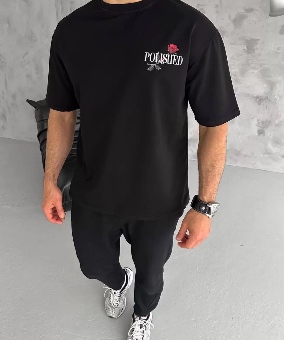 Gucso Erkek Bisiklet Yaka Polished Yazılı Gül Desen Baskılı Oversize T-Shirt - Siyah