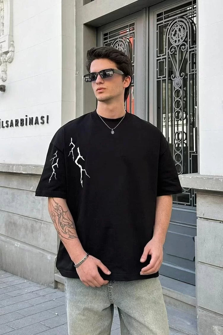 Gucso Erkek  Bisiklet Yaka Şapkalı Kuru Kafa Baskılı Oversize T-Shirt - Siyah