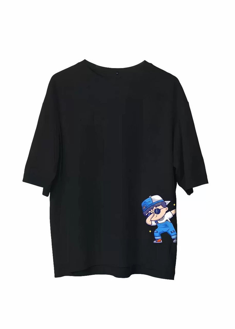 Gucso Erkek Bisiklet Yaka Dans Eden Anime Karakter Baskılı Oversize T-Shirt - Siyah