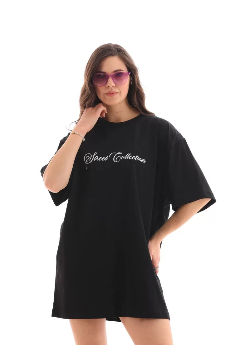 Gucso Kadın Bisiklet Yaka Sweet Collection Yazı ve Uçuşan Bebek Melekler Baskılı Oversize T-Shirt - Siyah