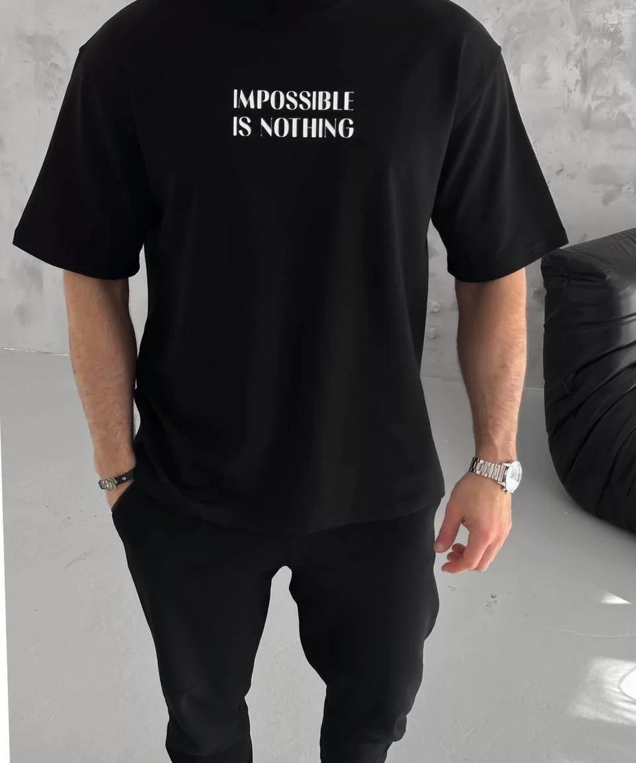 Gucso Erkek Bisiklet Yaka I'm Possible Nothing Baskılı Oversize T-Shirt - Siyah