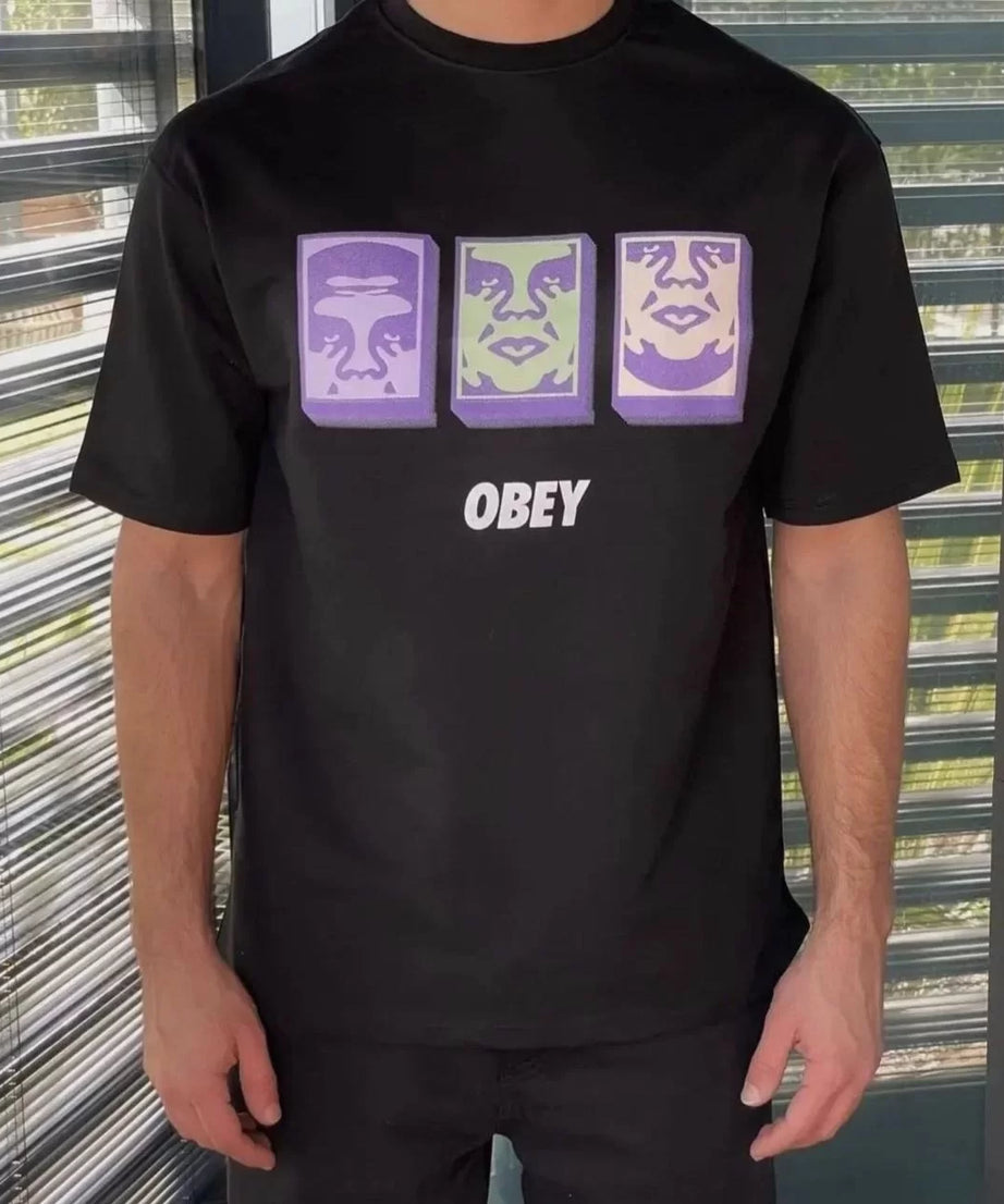 Gucso Erkek Bisiklet Yaka Obey Baskılı Oversize T-Shirt - Siyah