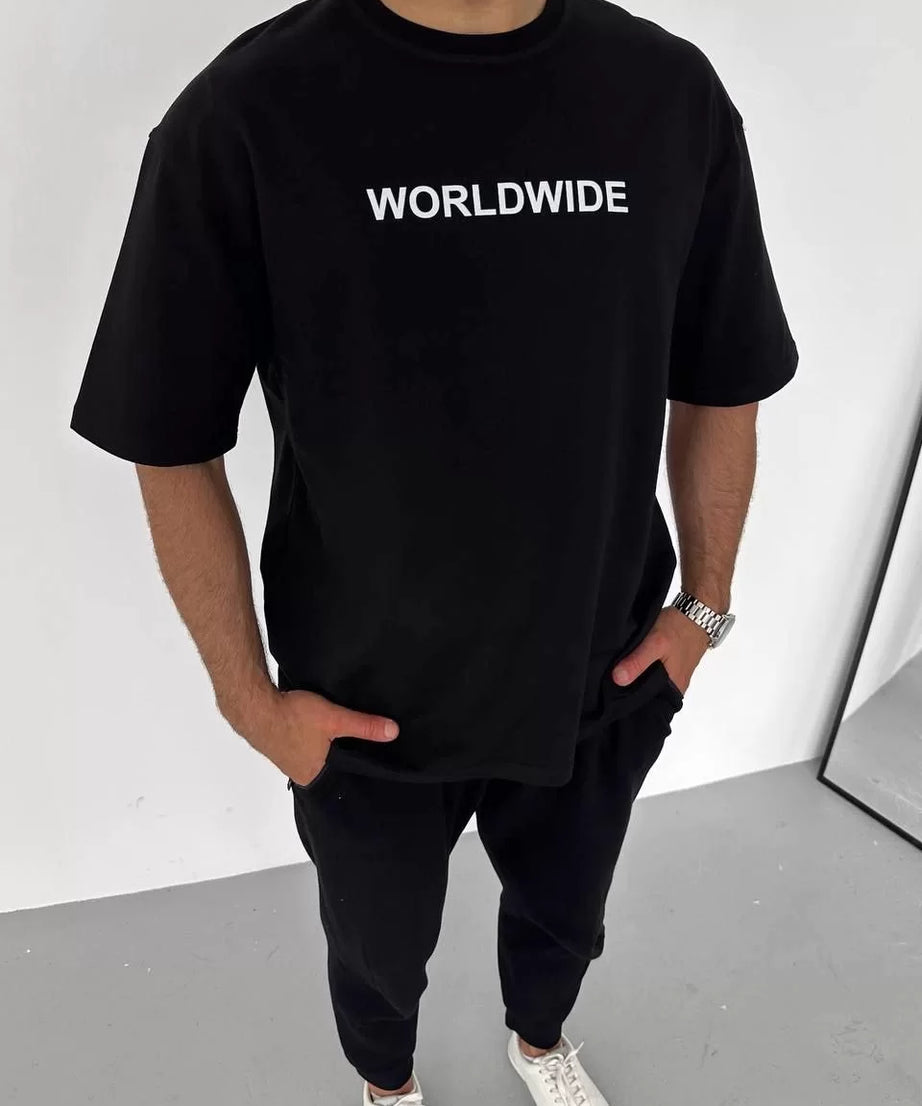 Gucso Erkek Bisiklet Yaka World Wide Yazılı Kanatlı Melek Desen Baskılı Oversize T-Shirt - Siyah