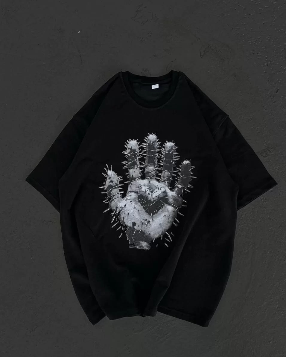 Gucso Women's Crew Neck Thorny Heart Hand Printed Oversize T-Shirt - Black 