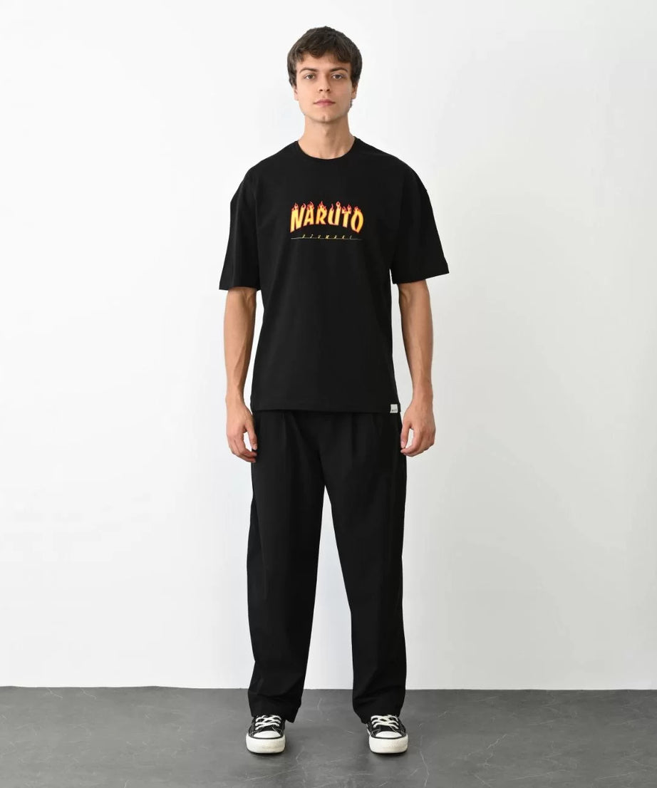 Gucso Erkek Bisiklet Yaka Naruto Baskılı Oversize T-Shirt - Siyah