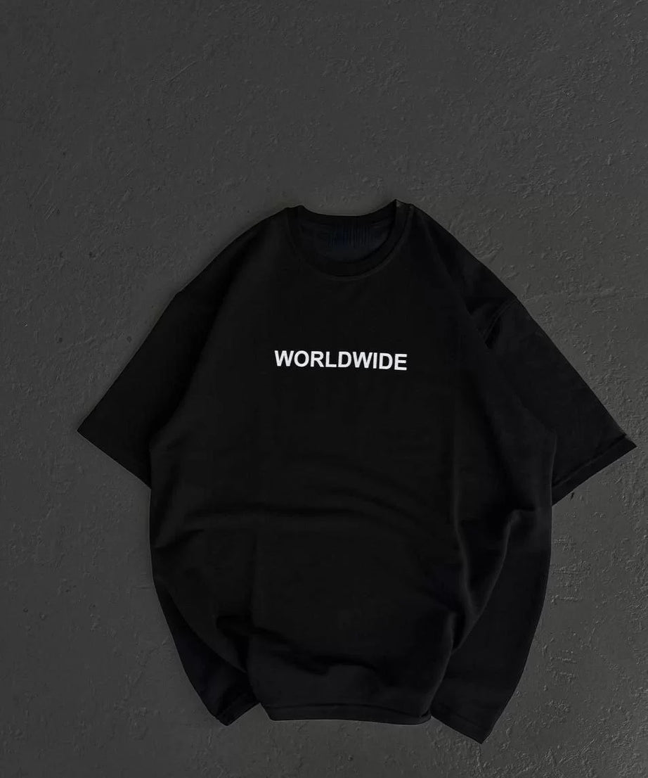 Gucso Kadın Bisiklet Yaka World Wide Baskılı Oversize T-Shirt - Siyah