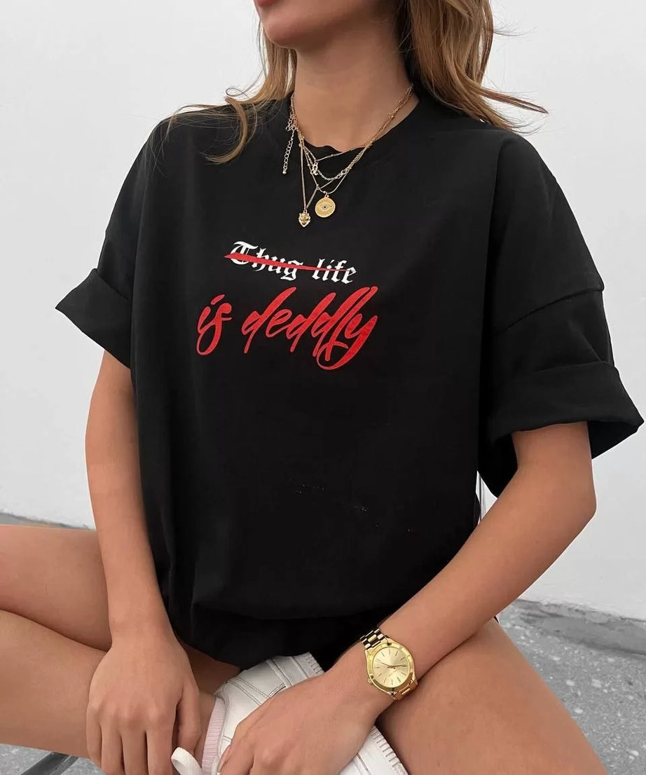 Gucso Kadın Bisiklet Yaka Thug Life İs Deddly Yazı Baskılı Oversize T-Shirt - Siyah