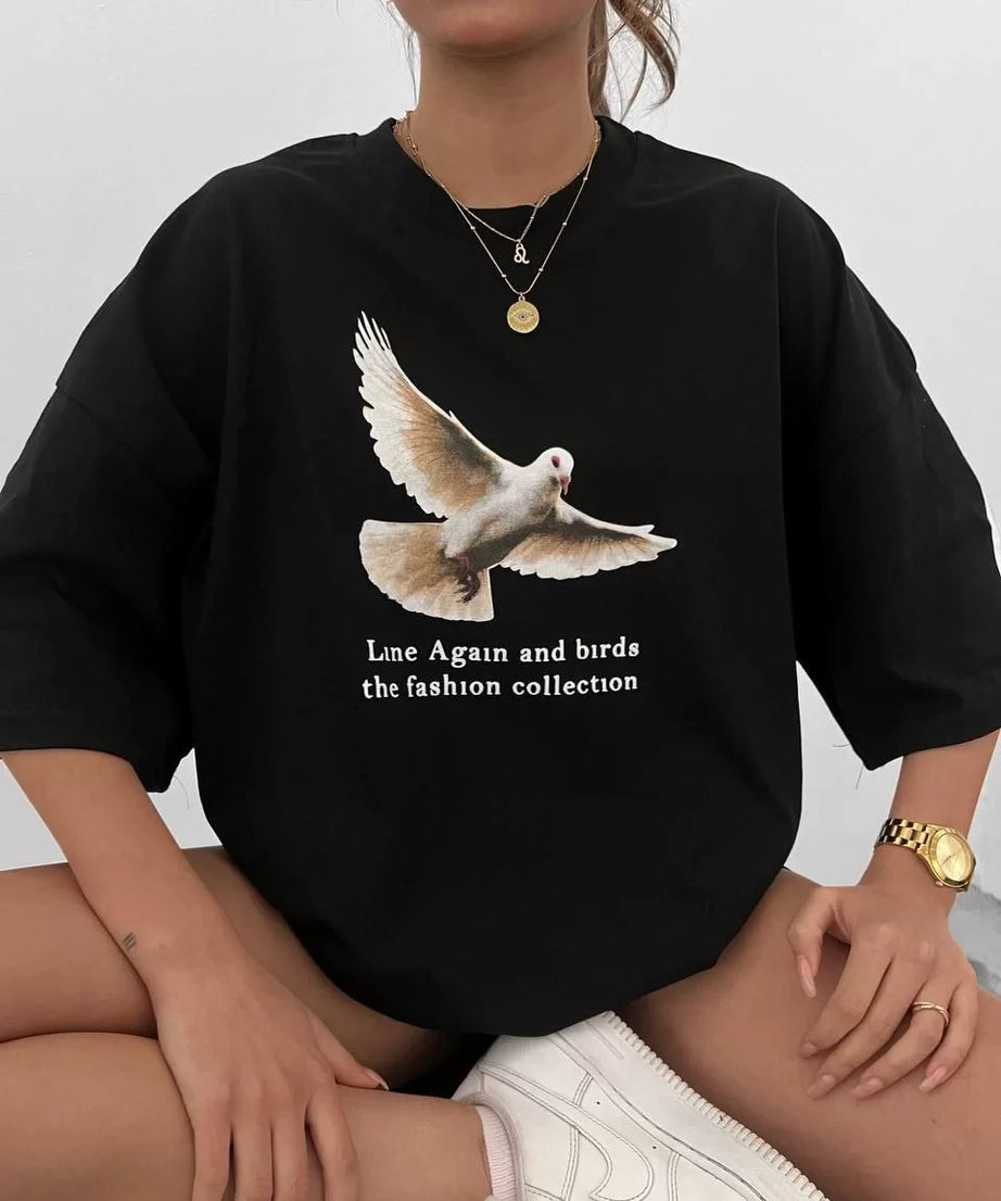 Gucso Kadın Bisiklet Yaka Bird Collection Baskılı Oversize T-Shirt - Siyah