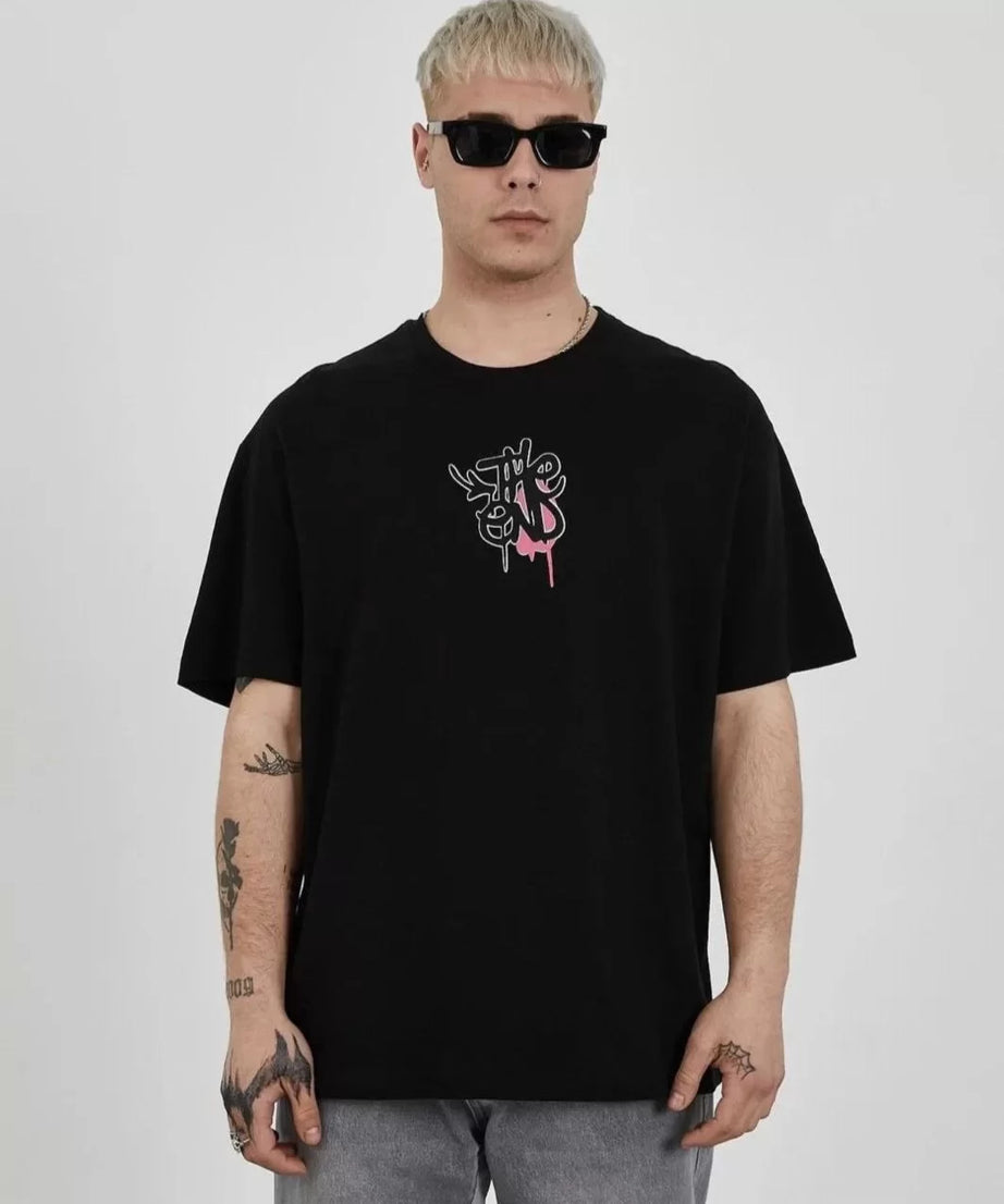 Gucso Erkek Bisiklet Yaka The End Baskılı Oversize T-Shirt - Siyah