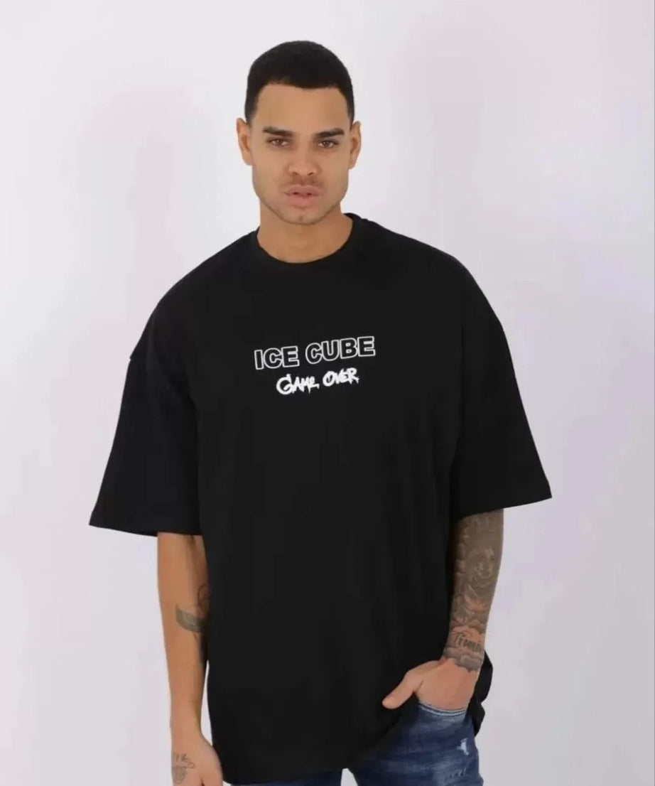 Gucso Erkek Bisiklet Yaka Ice Cube Baskılı Oversize T-Shirt - Siyah