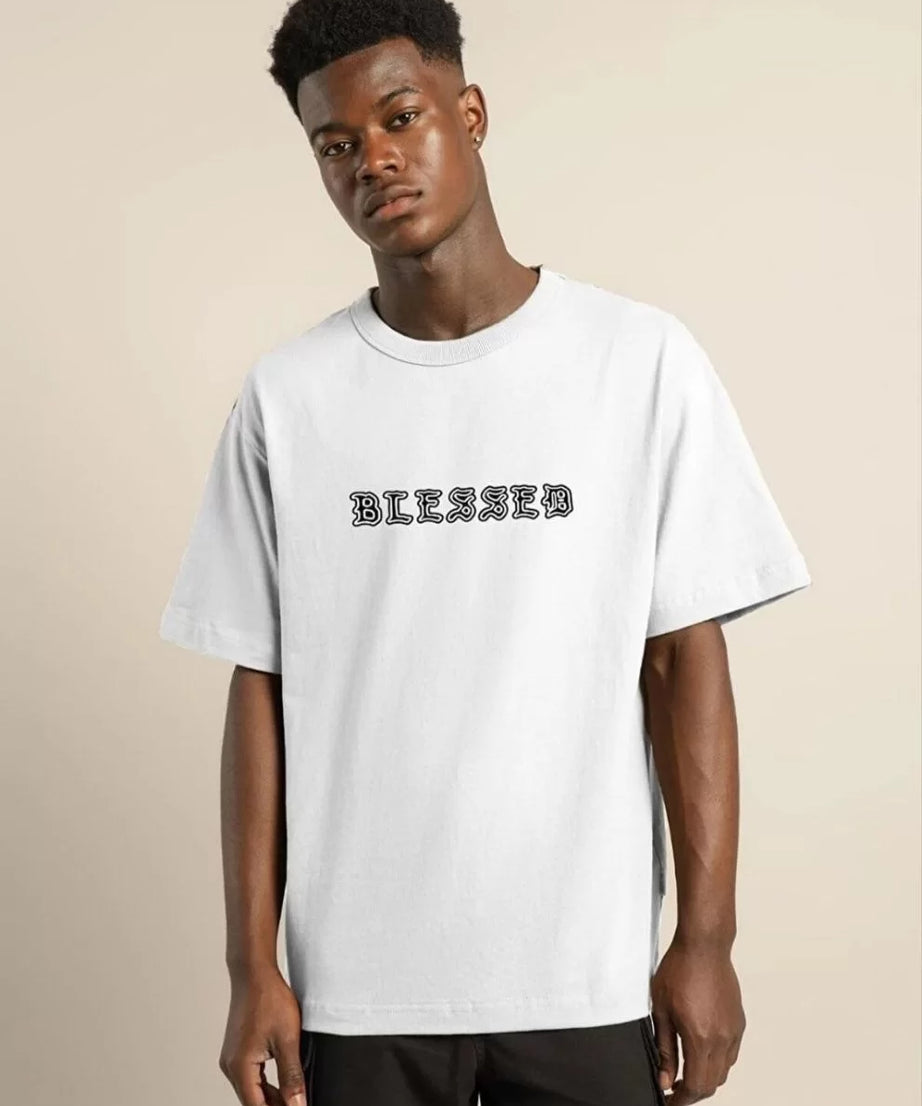 Gucso Erkek Bisiklet Yaka Oversize Blessed Yazılı Gül Detay Baskılı T-Shirt - Beyaz