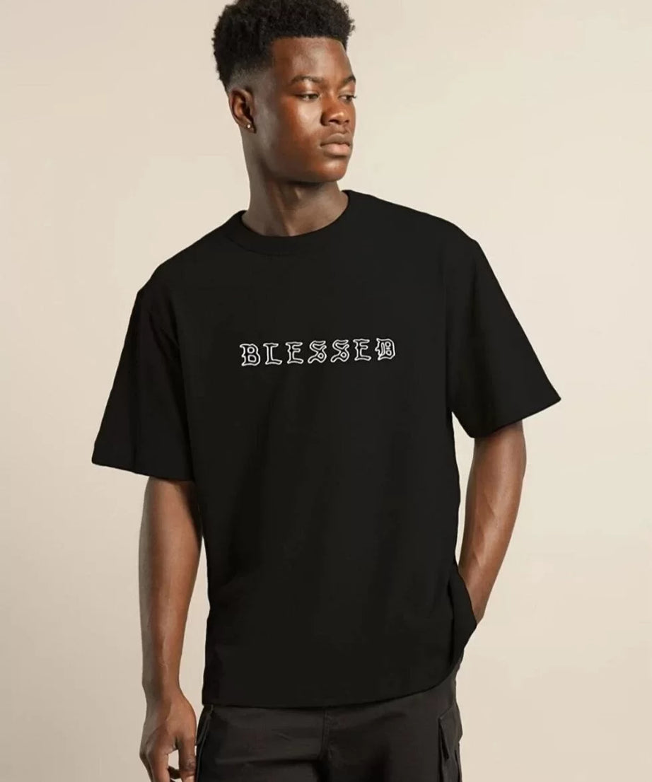 Gucso Erkek Bisiklet Yaka Oversize Blessed Yazılı Gül Detay Baskılı T-Shirt - Siyah