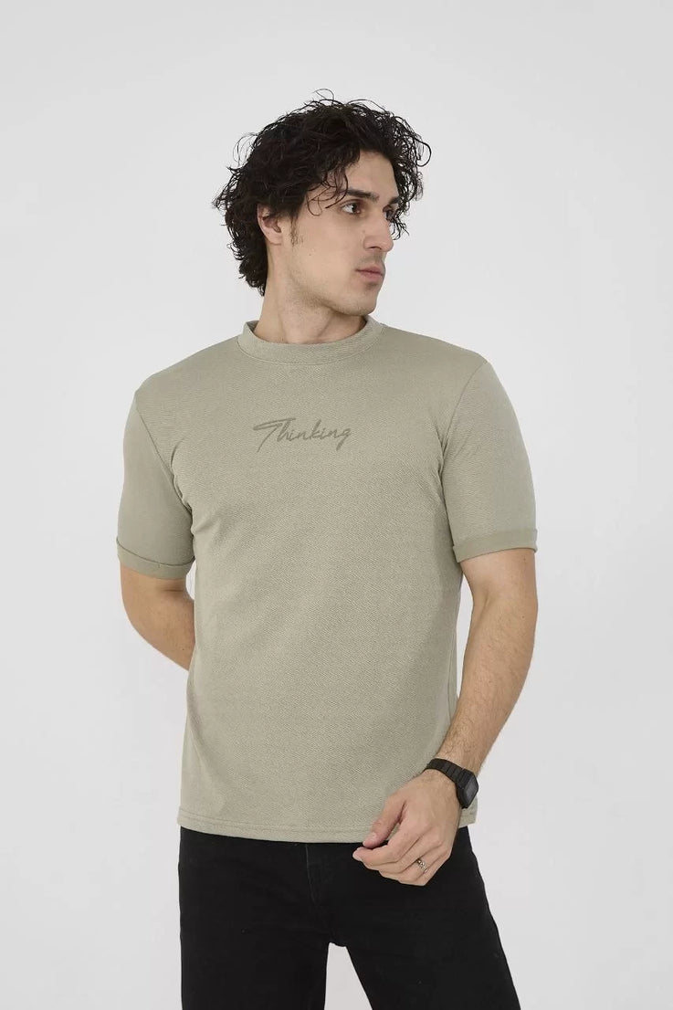 Gucsoo Erkek Bisiklet Yaka Thinking Yazı Detaylı Slim fit T-Shirt- Açık Yeşil