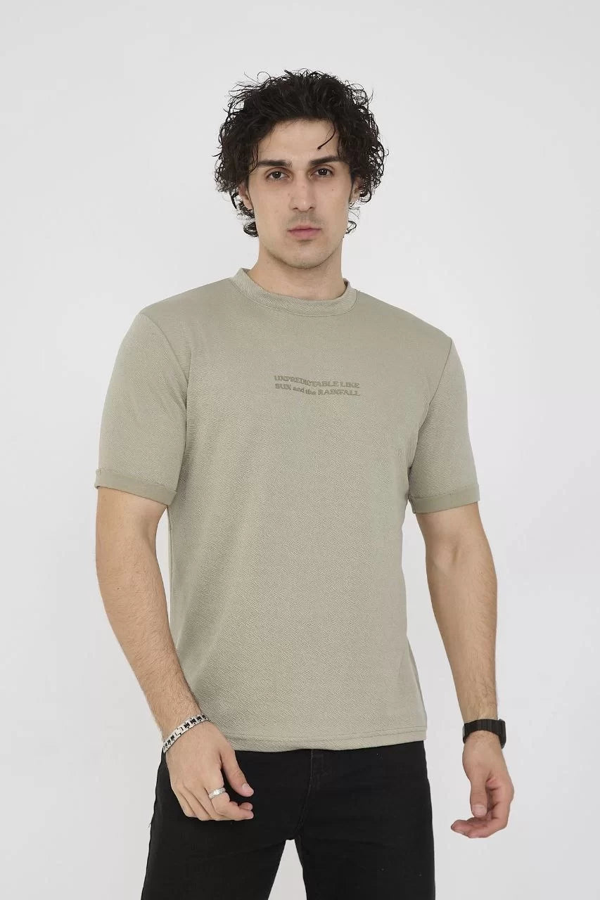 Gucso Men's Crew Neck Unpradecle Table Like Sun Text Detail Slim Fit T-Shirt - Light Green 