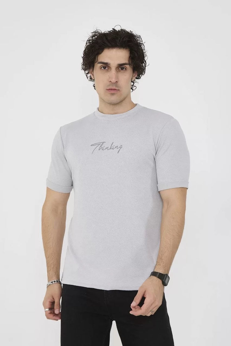 Gucsoo Erkek Bisiklet Yaka Thinking Yazı Detaylı Slim fit T-Shirt- Boyalı Gri