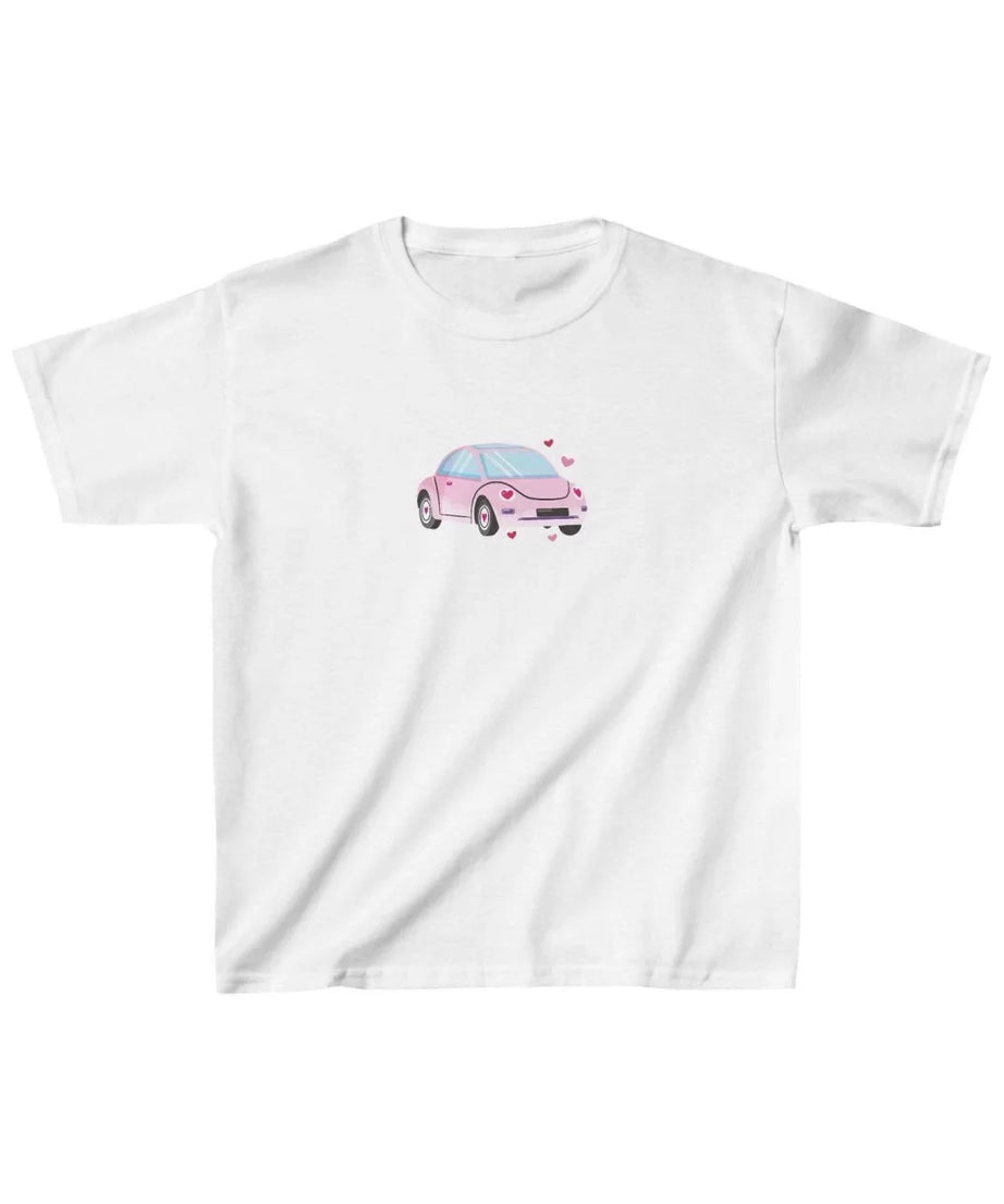 Gucso Unisex Çocuk Pembe Kalpli Araba Baskılı T-Shirt - Beyaz