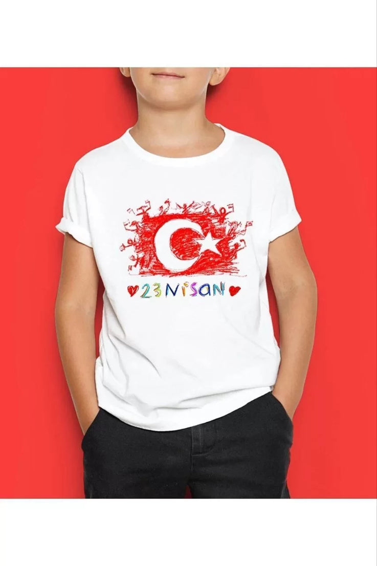 Gucso Unisex Çocuk 23 Nisan Türk Bayrak Baskılı T-Shirt - Beyaz