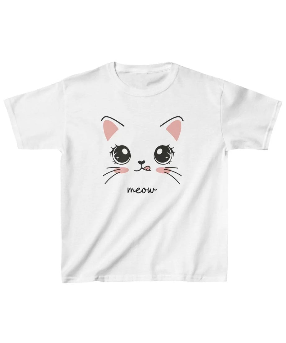 Gucso Unisex Çocuk Meow Kedicik Baskılı T-Shirt - Beyaz