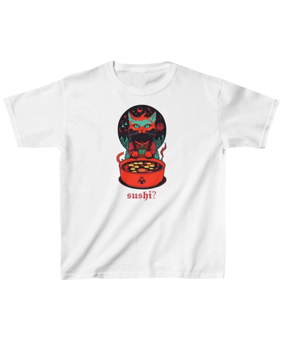 Gucso Unisex Çocuk Sushi Yapan Kedi Baskılı T-Shirt - Beyaz