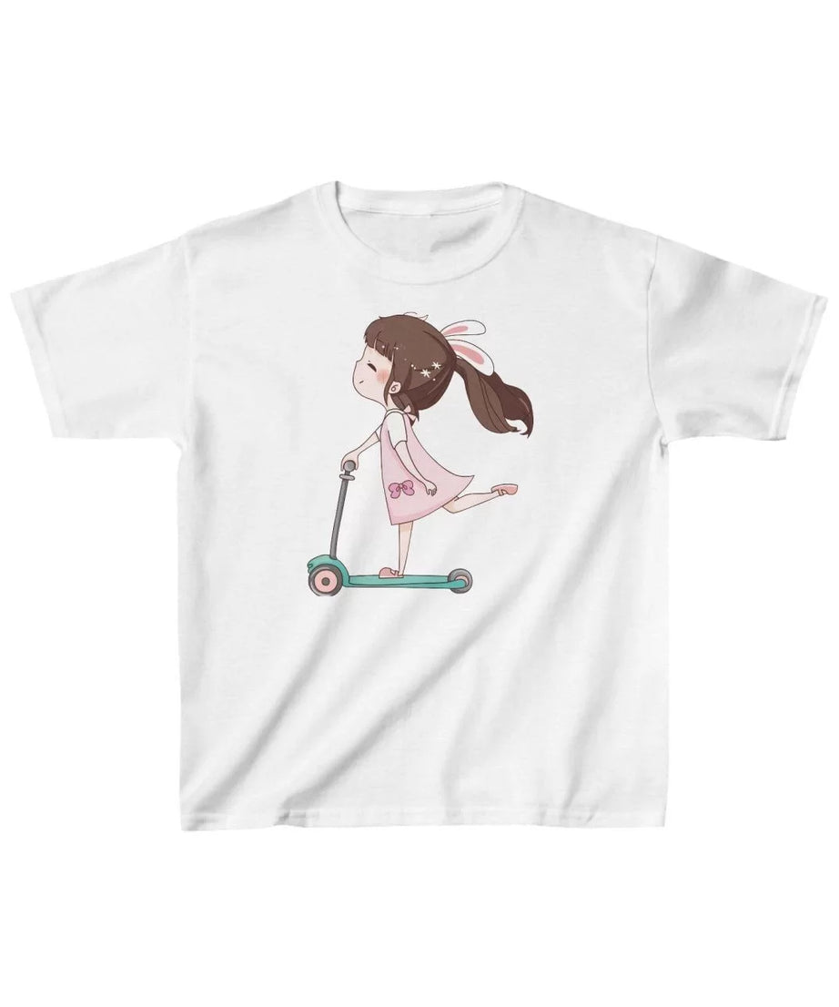 Gucso Unisex Çocuk Scooter Süren Kız Baskılı T-Shirt - Beyaz