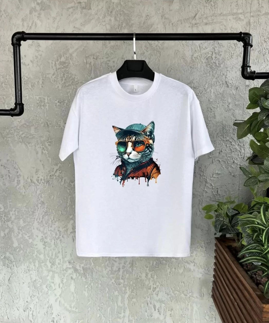 Gucso Unisex Çocuk Gözlüklü Şapkalı Kedi Baskılı T-Shirt - Beyaz