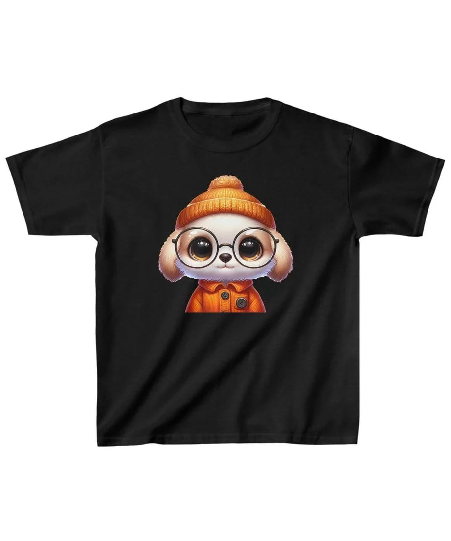 Gucso Unisex Çocuk Turuncu Şapkalı Köpek Baskılı T-Shirt - Siyah