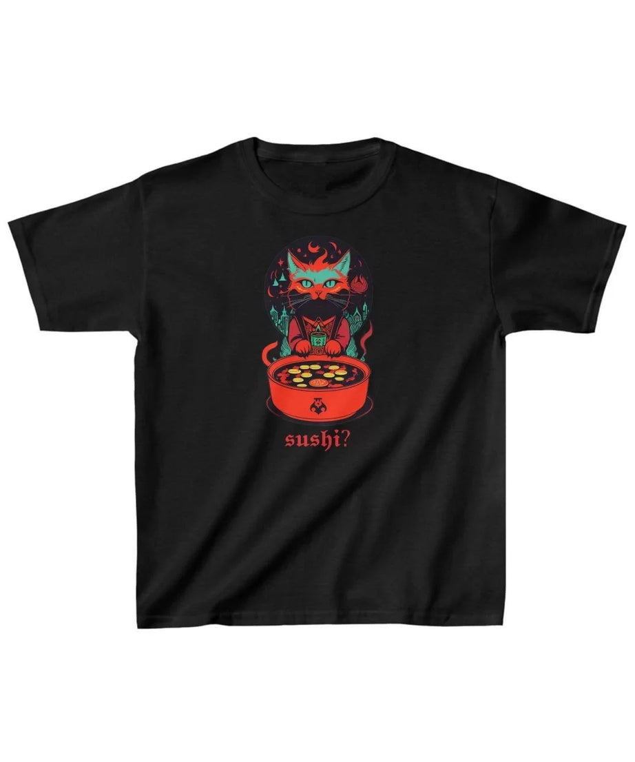 Gucso Unisex Çocuk Sushi Yapan Kedi Baskılı T-Shirt - Siyah