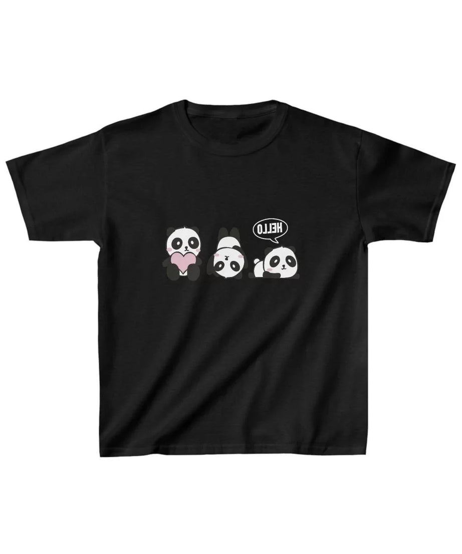 Gucso Unisex Çocuk Kalpli Pandalar Baskılı T-Shirt - Siyah