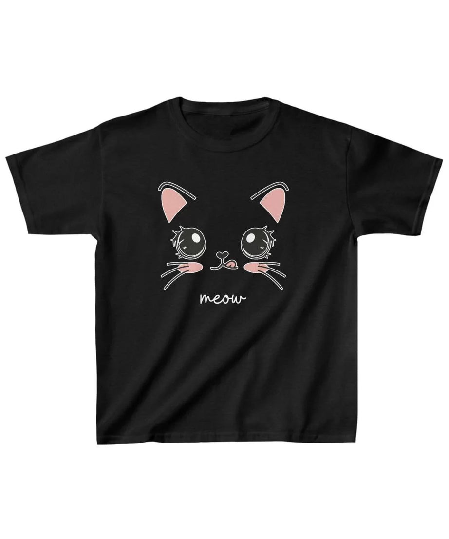 Gucso Unisex Çocuk Meow Kedicik Baskılı T-Shirt - Siyah