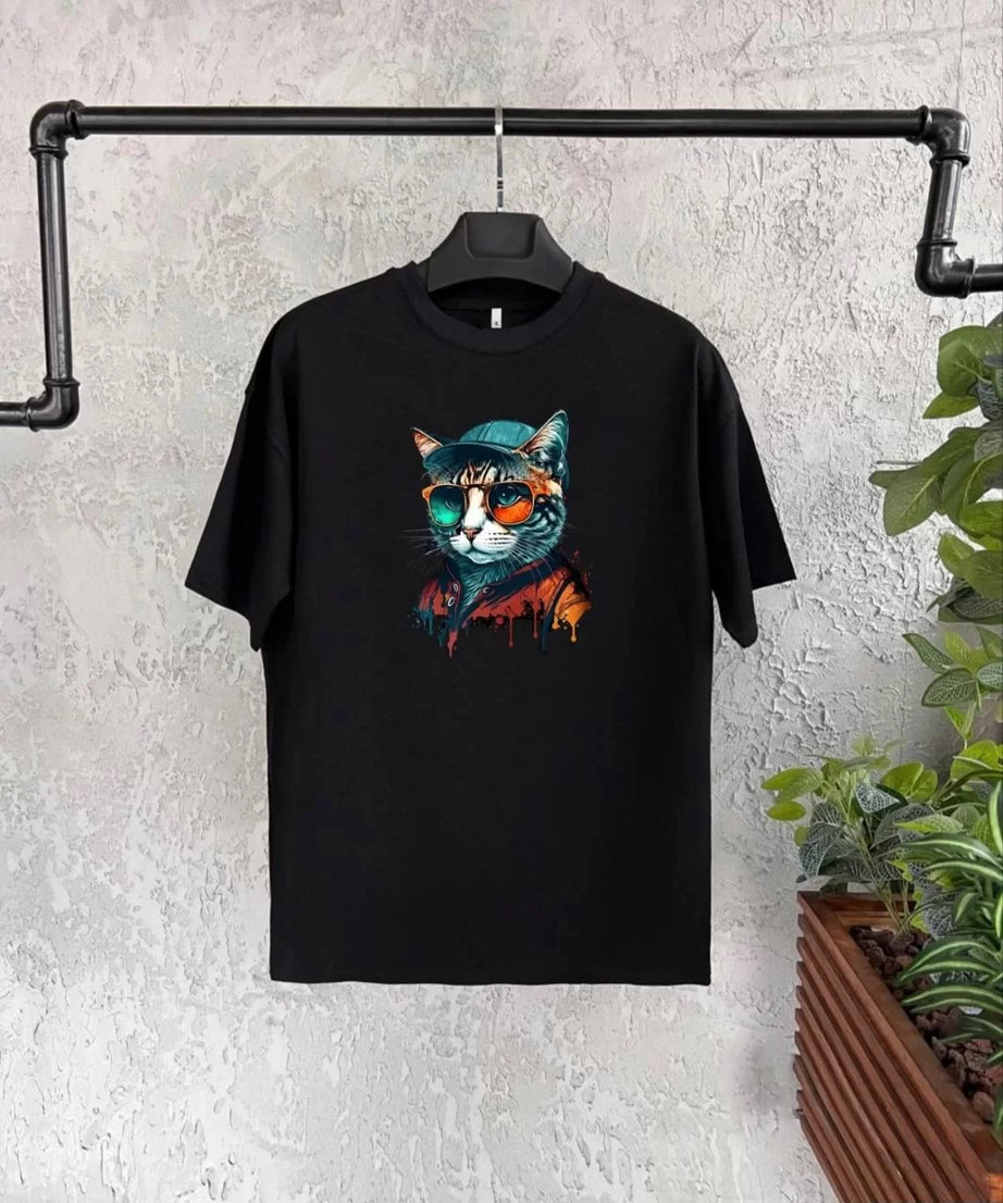 Gucso Unisex Çocuk Gözlüklü Şapkalı Kedi Baskılı T-Shirt - Siyah