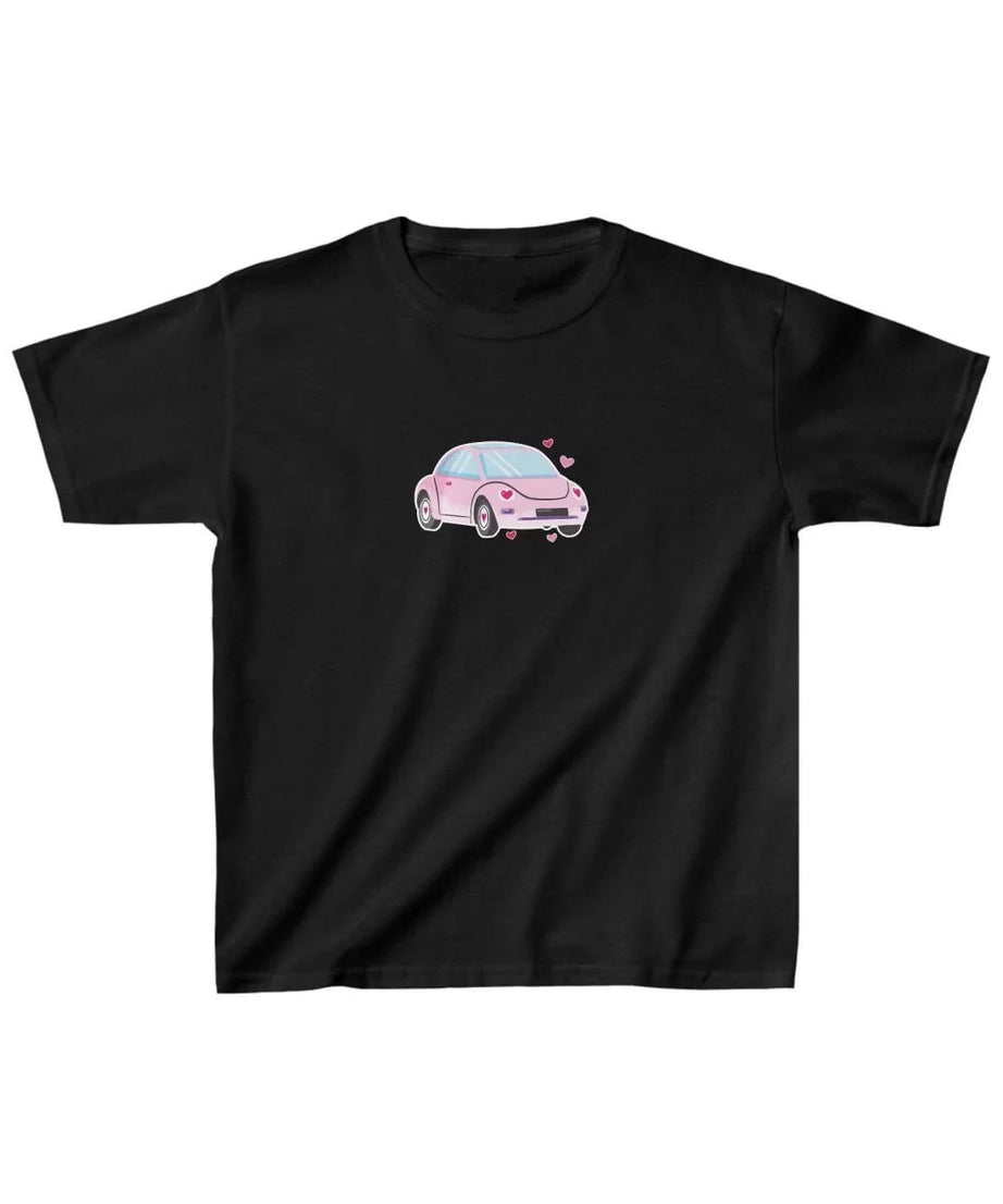 Gucso Unisex Çocuk Pembe Kalpli Araba Baskılı T-Shirt - Siyah