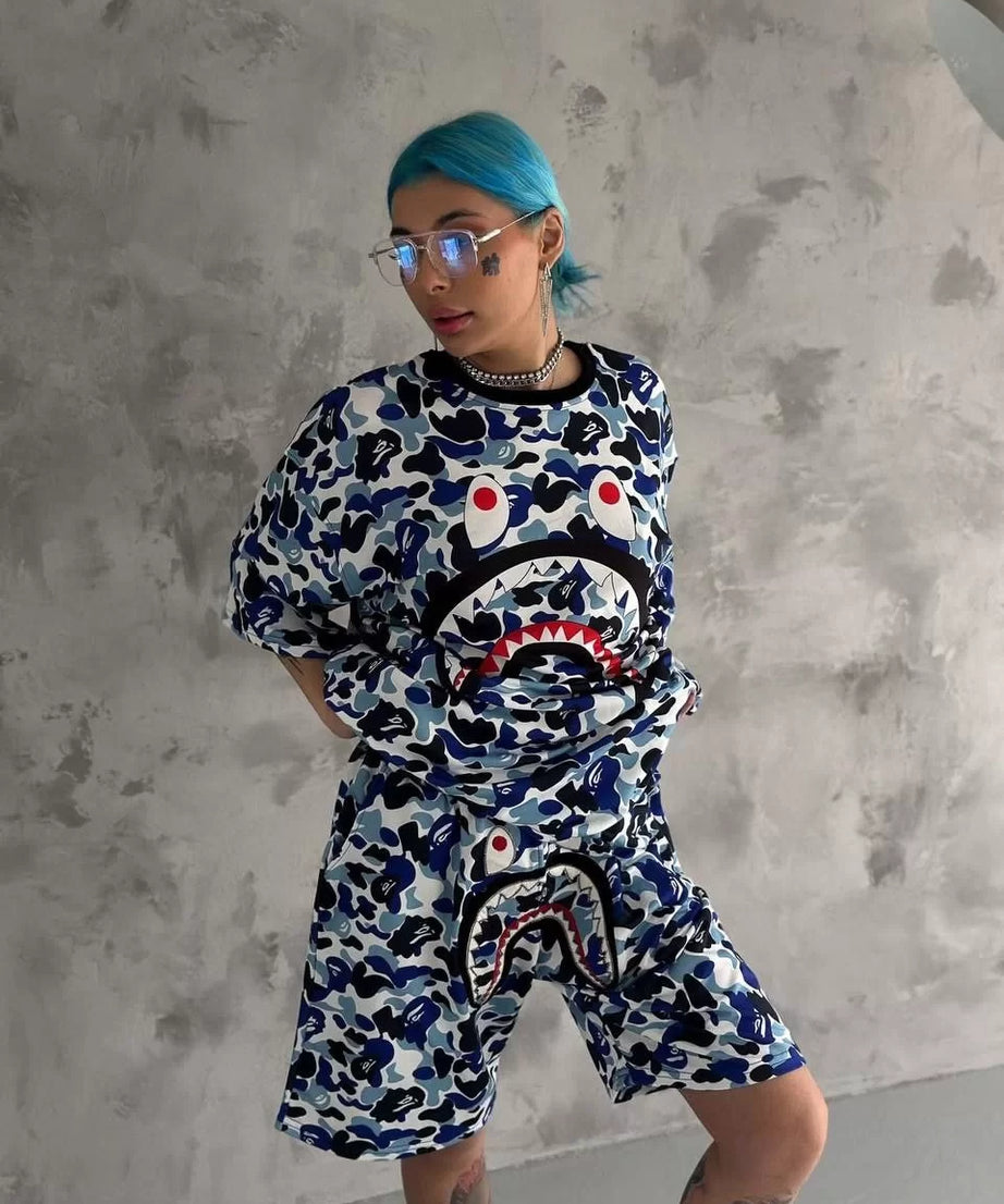 Gucso Kadın Bape Dijital Baskılı Şortlu Takım - Gri