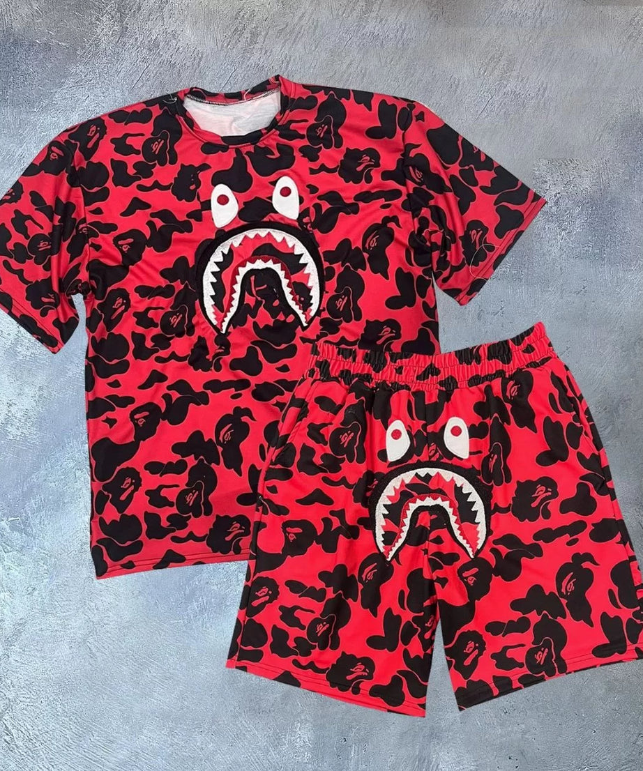 Gucso Kadın Bape Dijital Baskılı Şortlu Takım - Kırmızı