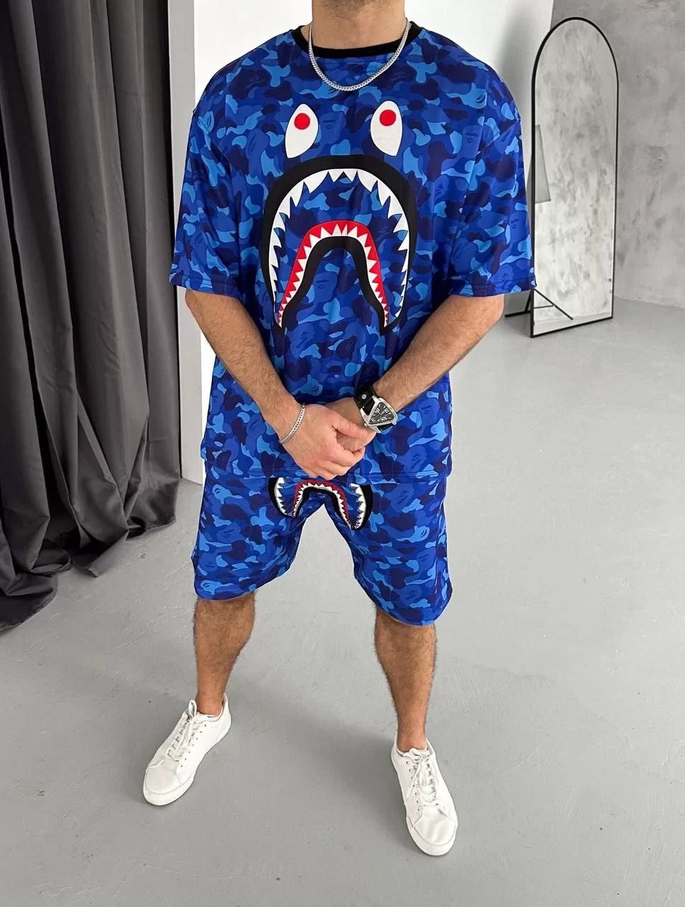 Gucso Bape Detay Dijital Baskılı Şortlu Takım - Mavi