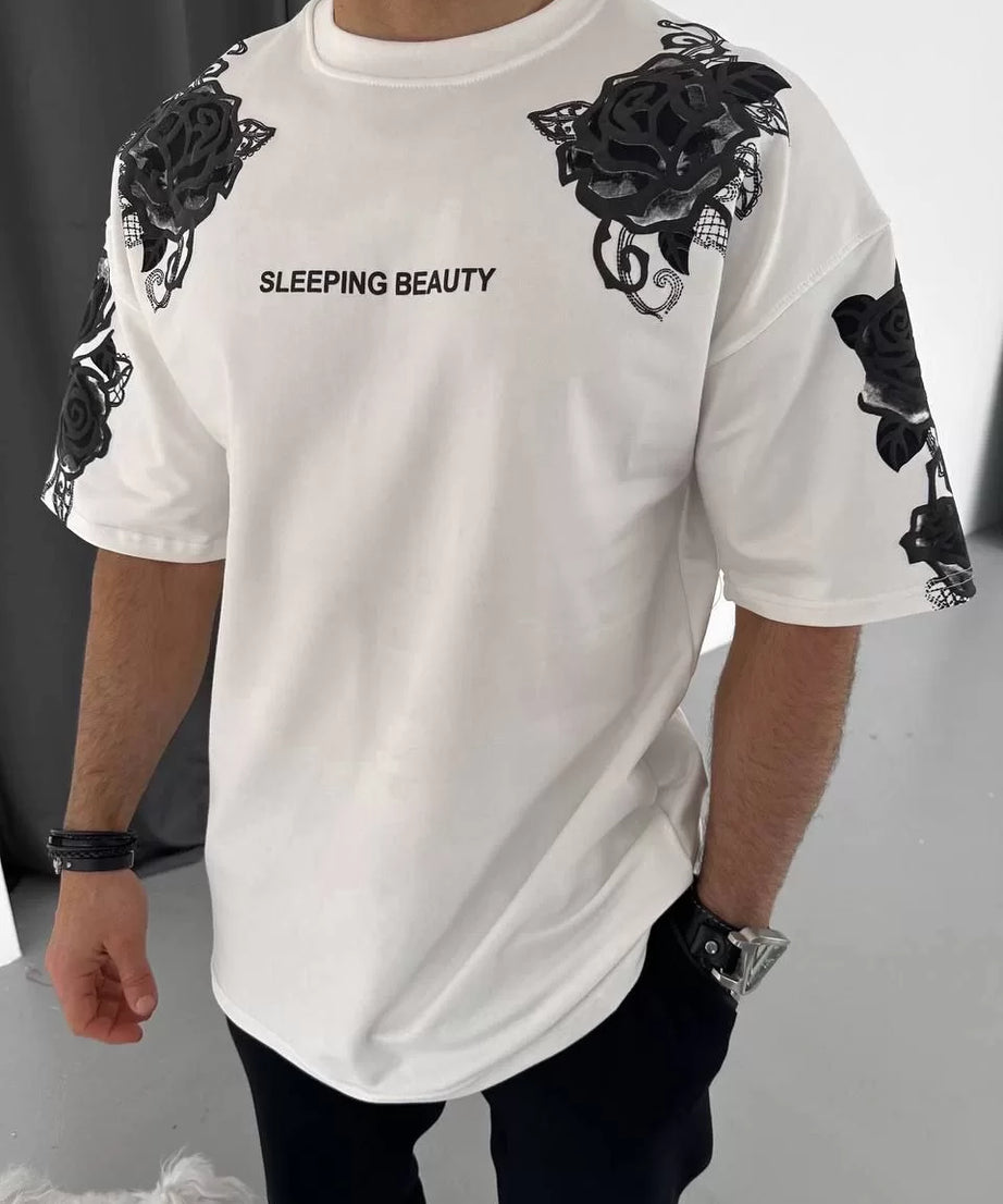 Gucso Sleeping Beauty Flok Kabartma Baskılı T-Shirt - Beyaz