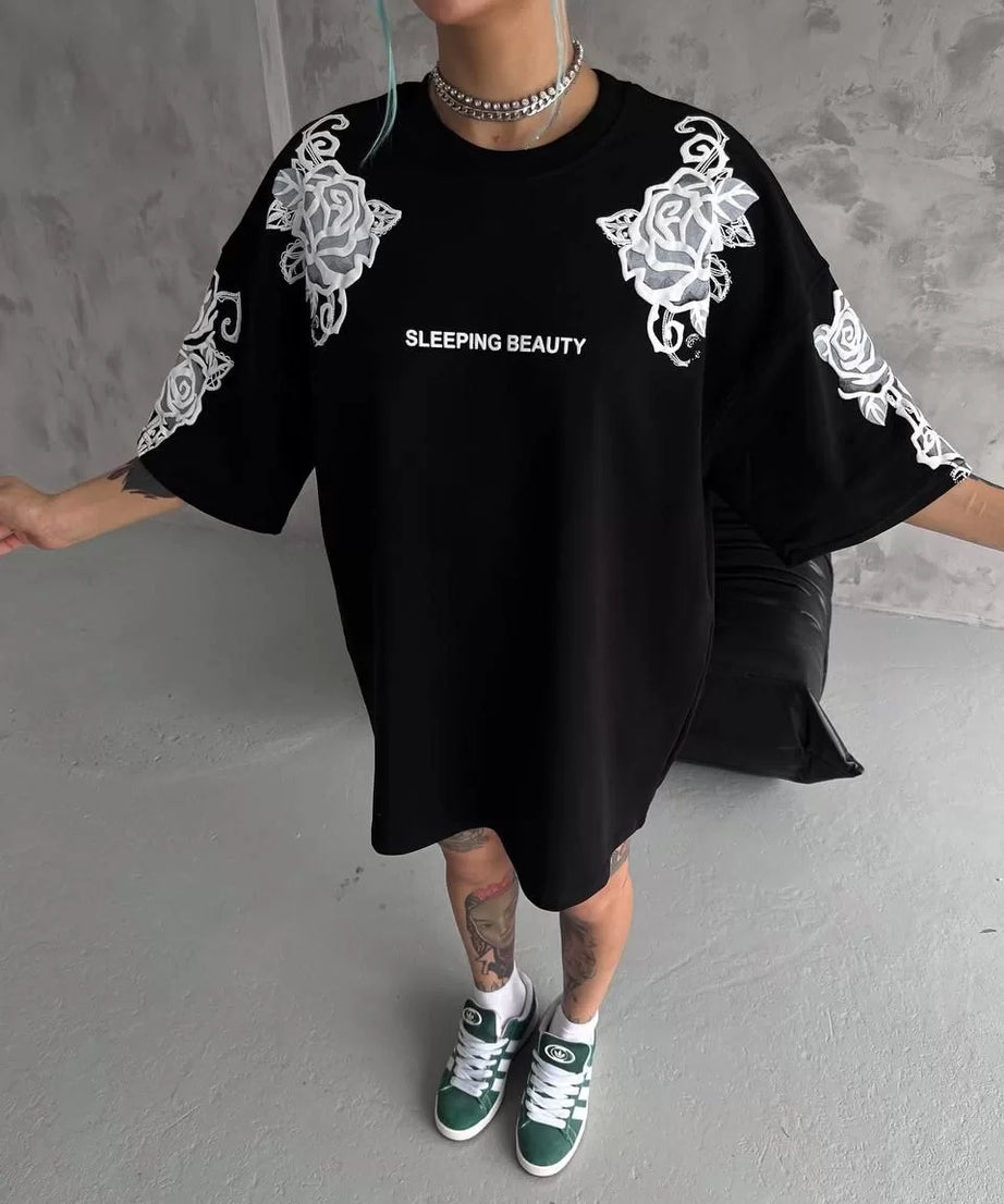 Gucso Kadın Flok Kabartma Baskılı T-Shirt - Siyah