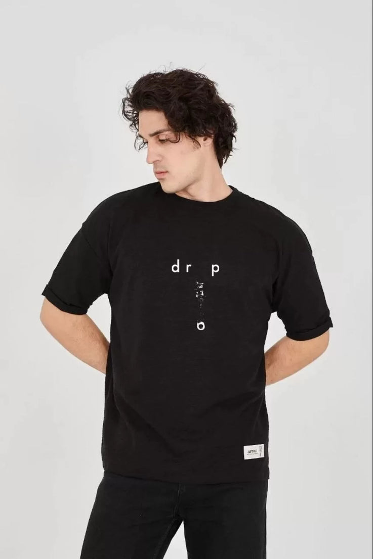 Gucso Erkek Jakar Kumaş Çift Katlanmış Kol Drop Baskılı T-Shirt - Siyah