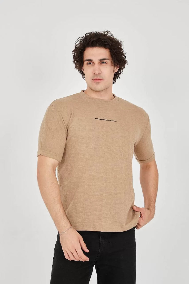 Gucso Erkek Siyah Yazı Detaylı Jakar Kumaş Slim Fit T-Shirt - Kahverengi