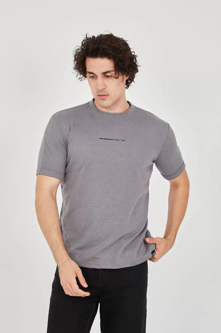 Gucso Erkek Siyah Yazı Detaylı Jakar Kumaş Slim Fit T-Shirt - Boyalı Gri