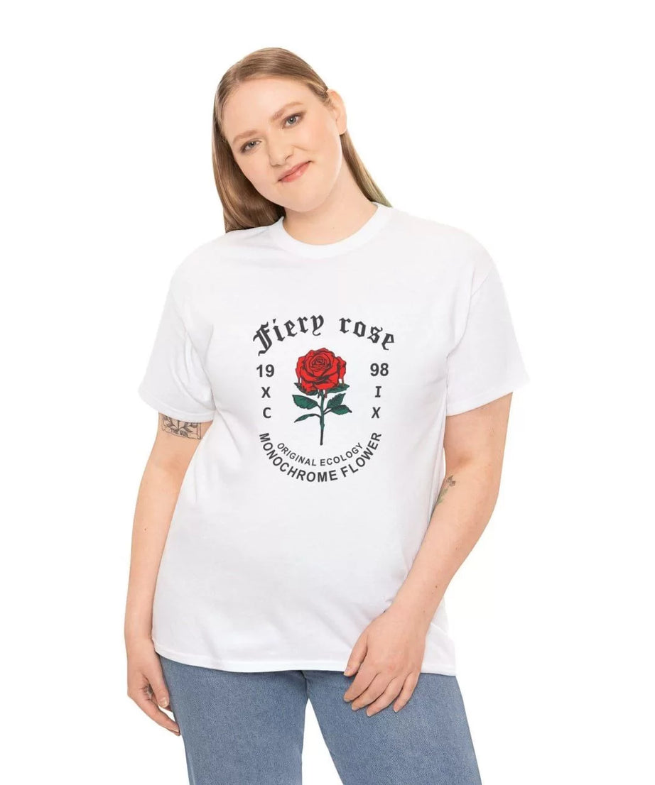 Gucso Kadın Bisiklet Yaka Fiery Rose Baskılı T-Shirt - Beyaz