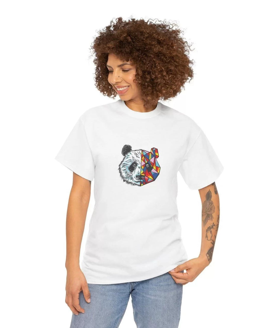 Gucso Kadın Bisiklet Yaka  Yarısı Renkli Yarısı Siyah Beyaz Panda Baskılı T-Shirt - Beyaz