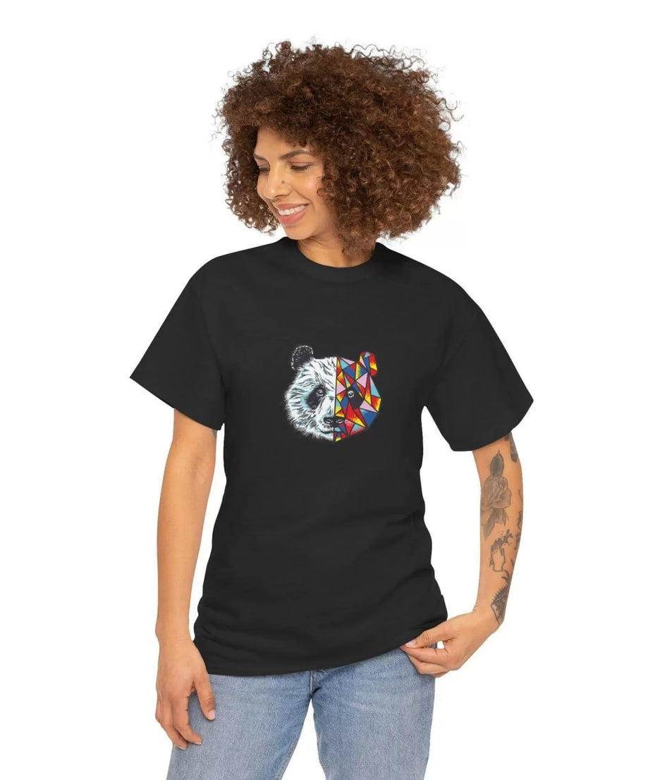 Gucso Kadın Bisiklet Yaka Yarısı Renkli Yarısı Siyah Beyaz Panda Baskılı T-Shirt - Siyah